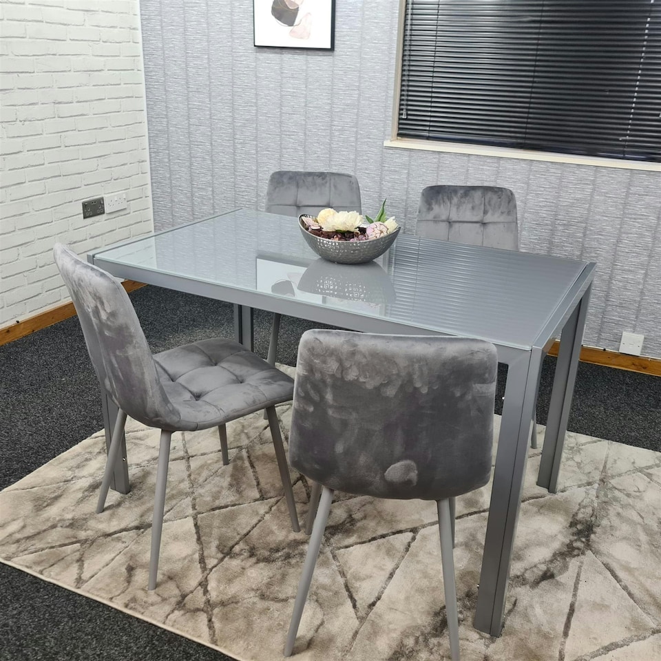 image 1 of Dining Table and 4 Grey Velvet  Chairs Grey  Glass Table 4 Velvet Chairs  Dining Room Furniture | Grey | 5