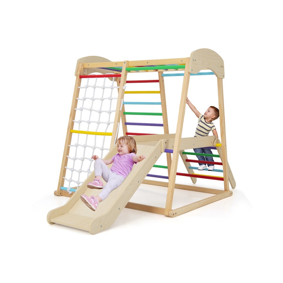 image 1 of COSTWAY 6 in 1 Wooden Climber Playset Kids Slide Jungle GymMonkey Bars Climbing Ladder
