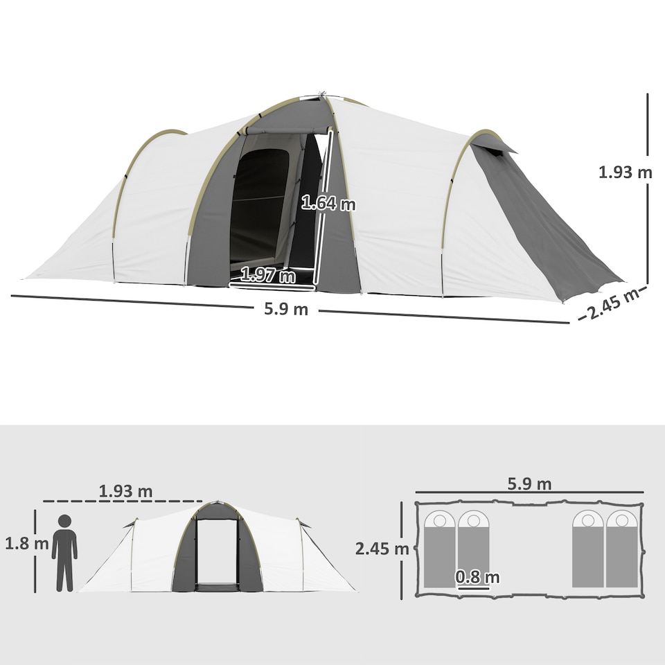 image 1 of Outsunny 4-6 Man Tunnel Tent with 2 Bedroom, Living Area and Vestibule, Large Camping Tent with Groundsheet, 2000mm Waterproof, UV50+, Portable Bag, for Fishing Hiking Festival, Grey and Yellow