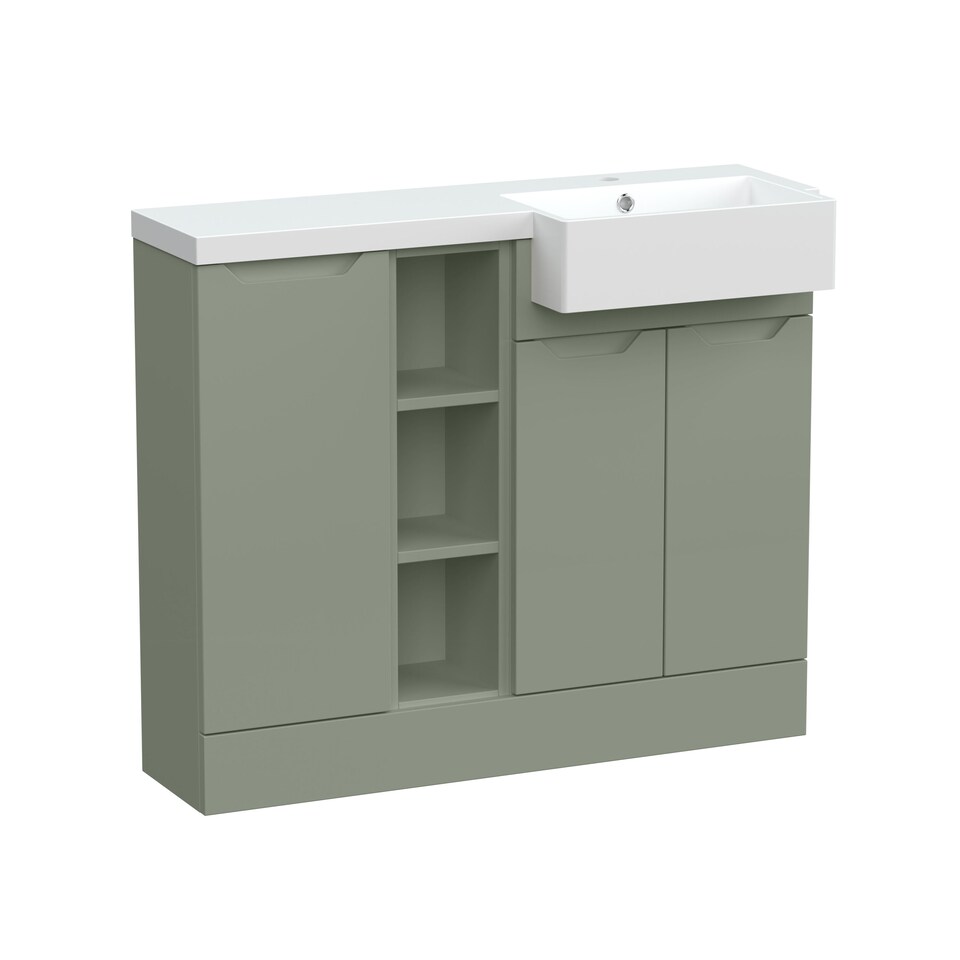 image 1 of Balterley Teddesley Floor Standing Compact 3 Door Combination Vanity Basin Unit with Open Shelves and Basin, 1000mm, Right Hand, Fern Green