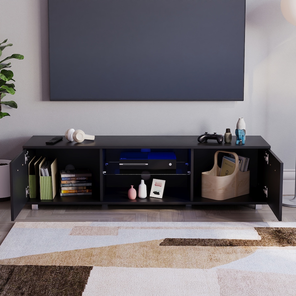 image 1 of Vida Designs Cosmo 2 Door LED TV Unit Entertainment Stand, 140cm, Black | Black | 1