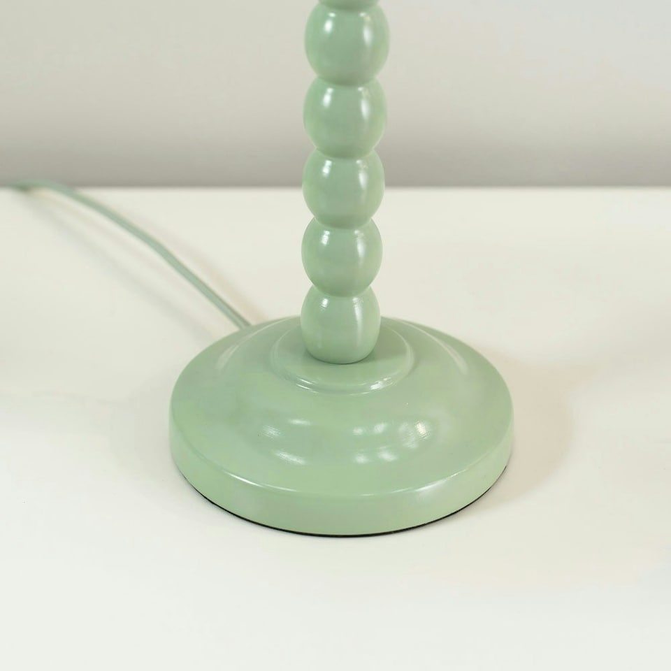 image 1 of ValueLights Bobbles Sage Green Bobbin Table Lamp with Blue Trim Scallop Shade & LED Bulb