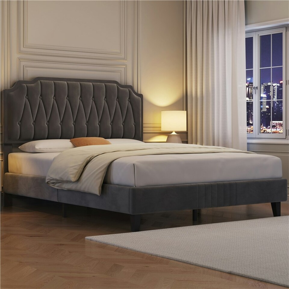 image 1 of Yaheetech 5ft King Upholstered Bed Frame with Button-Tufted Headboard Dark Grey