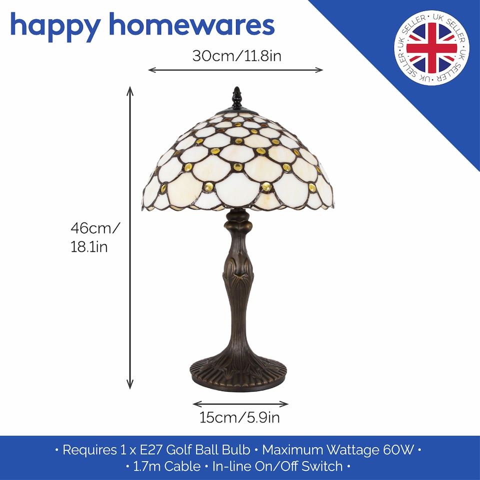 image 1 of Traditional Stained Glass 12in Tiffany Lamp with Amber Beads | Orange