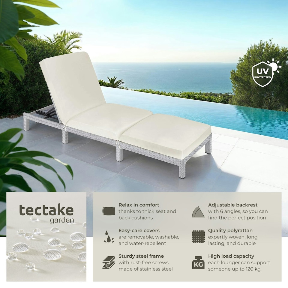 image 1 of Sun Lounger Sofia - 6-step adjustable backrest, thick padding, UV-resistant Grey | Light Grey