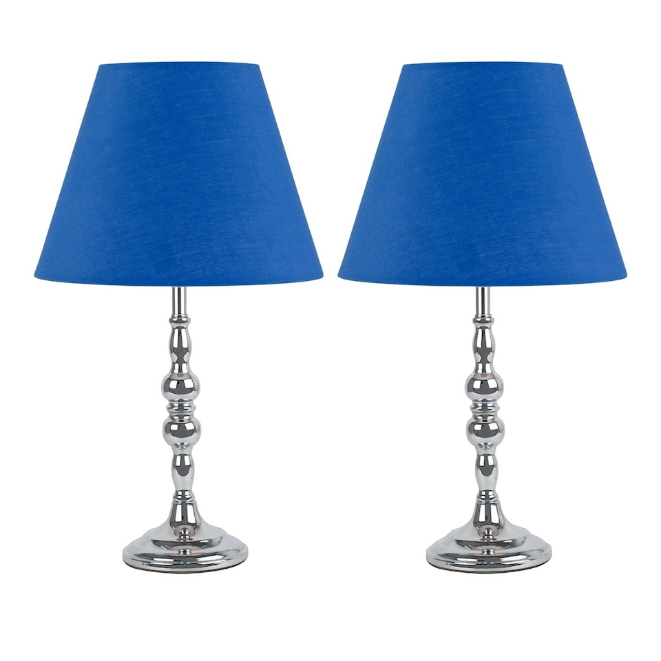 image 1 of Set of 2 Chrome Table Lamps with Decorative Stem and Royal Blue Shades Chrome | Blue
