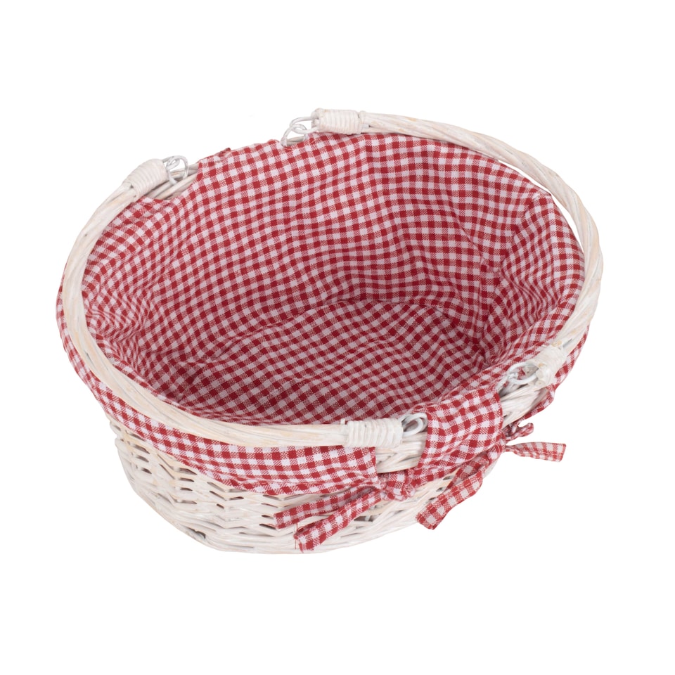 image 1 of Small White Swing Handle Wicker Shopper with Red and White Checked Lining | Red | Red Checked