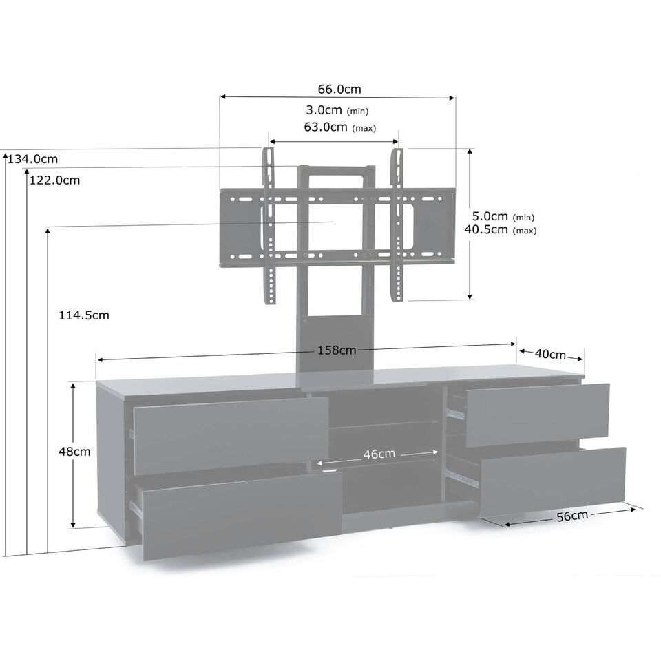 image 1 of Centurion Supports AVITUS ULTRA Gloss Black Remote Friendly BeamThru Door with 4-Walnut Drawers up to 65" Flat Screen TV Cabinet with Mounting Arm Black
