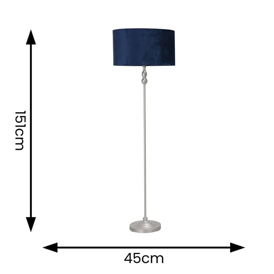 image 1 of ValueLights Maggie Chrome Candlestick Floor Lamp Navy Velvet Shade & Bulb | Blue
