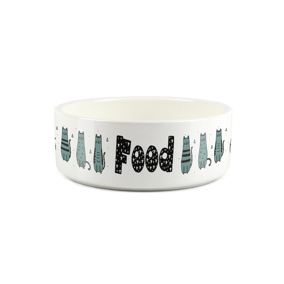 image 1 of Blue Cats Small Ceramic Bowl Set - White Feeding & Drinking Dishes For Cats