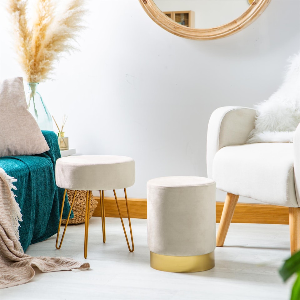 image 1 of Harbour Housewares Velvet Pouffe - Round Luxe Living Room Bedroom Dressing Table Accent Footstool - 29 x 36cm - Cream | Cream | Cream | Pack of 1 | 1