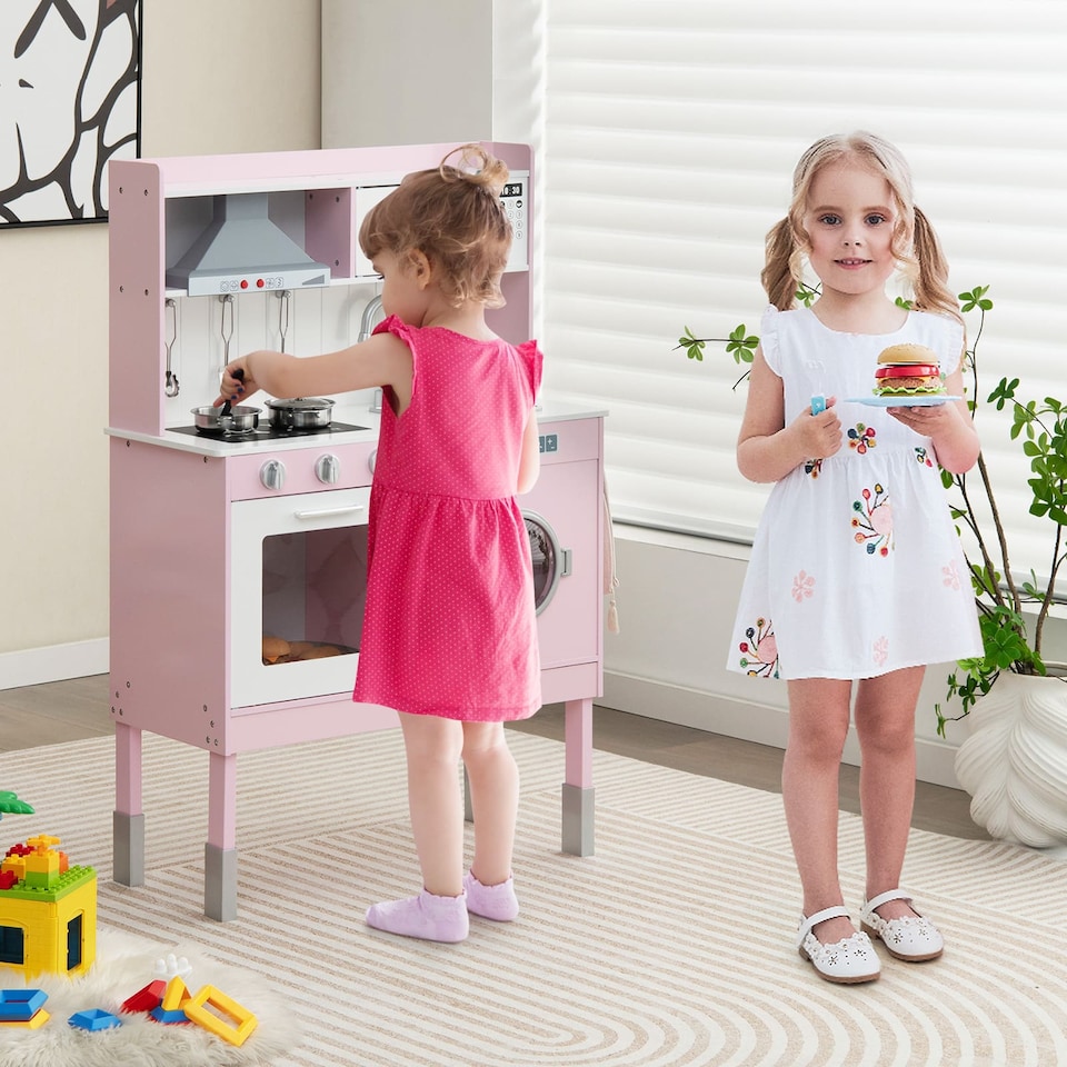 image 1 of COSTWAY Pretend Play Kitchen Toy Kitchen Playset with Range Hood-Pink