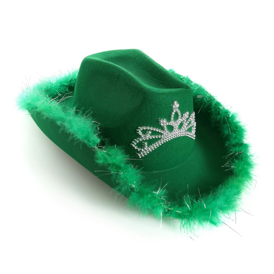 image 1 of Green Cowboy Hat with Marabou Trim & Tiara – Fancy Dress Accessory Green | One Size