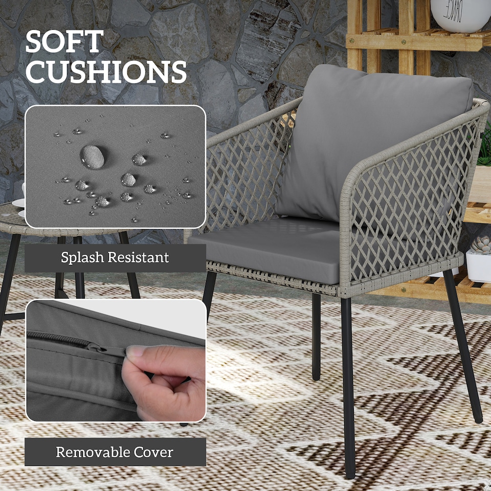 image 1 of Outsunny 3 Piece Rattan Bistro Set, Patio Wicker Conversation Furniture Set with 2 Chairs, Tempered Glass Table, Cushions, Adjustable Foot Pads, for Garden, Balcony, Grey