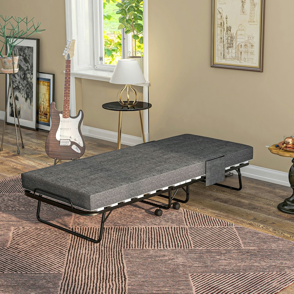 image 1 of HOMCOM Folding Bed with Mattress Foldable Guest Bed on Wheels w/ Cover Dark Grey