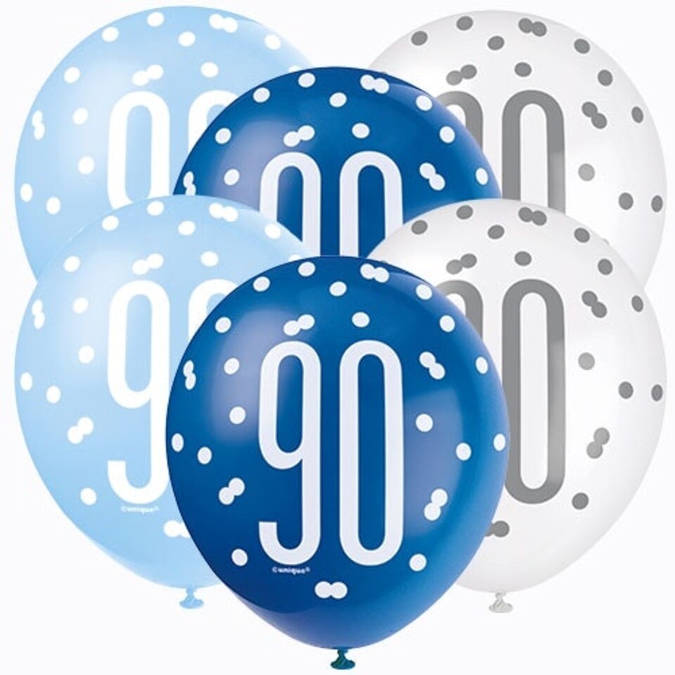 image 1 of Blue Glitz Age 90 Assorted Biodegradable Latex Balloons 30cm / 12 in - Pack of 6