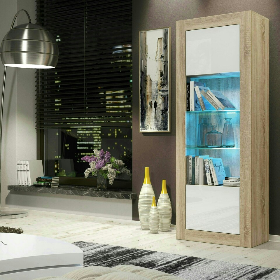 image 1 of Tall Cabinet 170cm White Gloss Doors Oak Matt Body Free LED Light | Multi | Oak