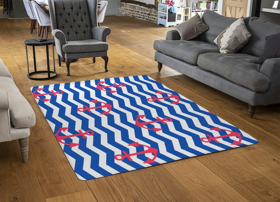 image 1 of Anchors on Zig Zag Stripes (Rug) | Blue | XL