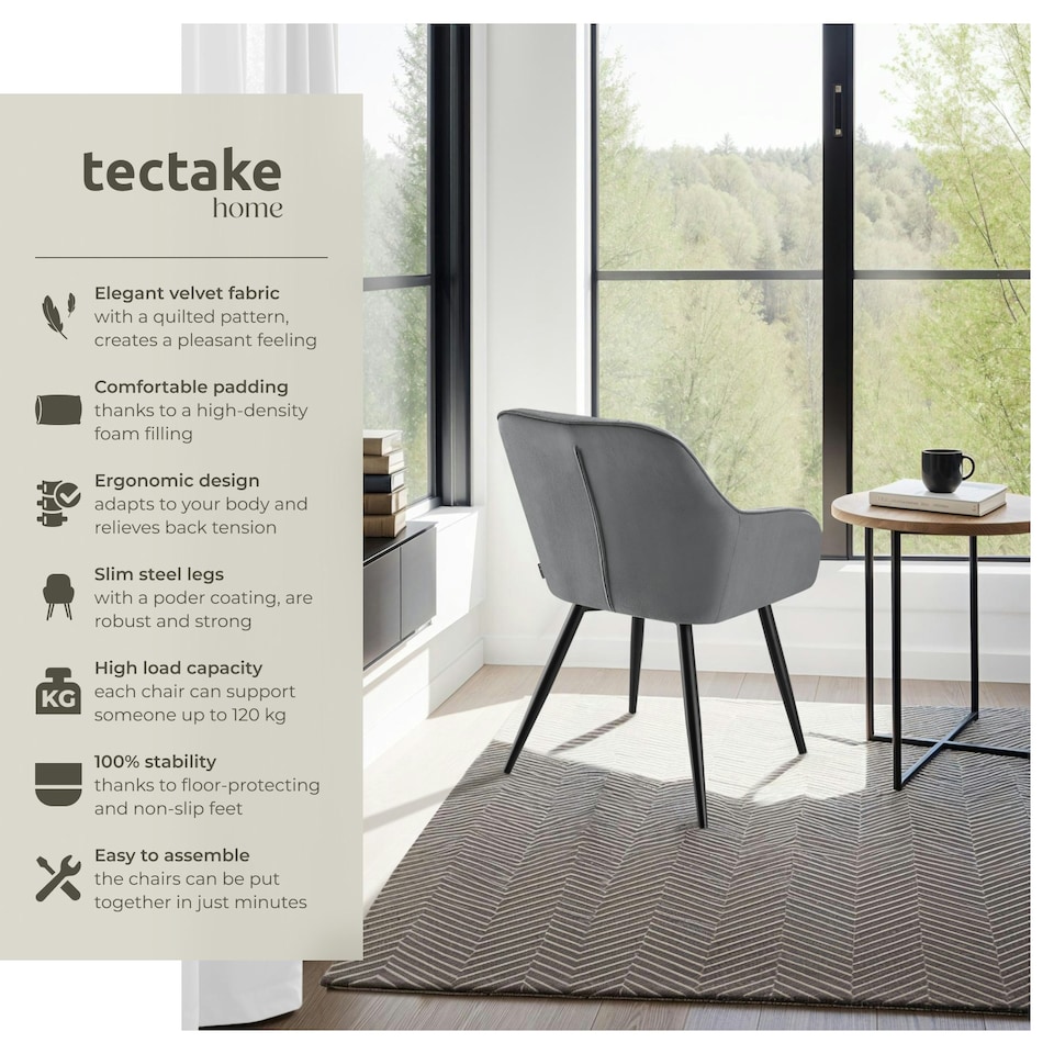 image 1 of Chair Marilyn - velvet look, quilted, continuous backrest, slim steel legs - per piece Grey | Grey/Black