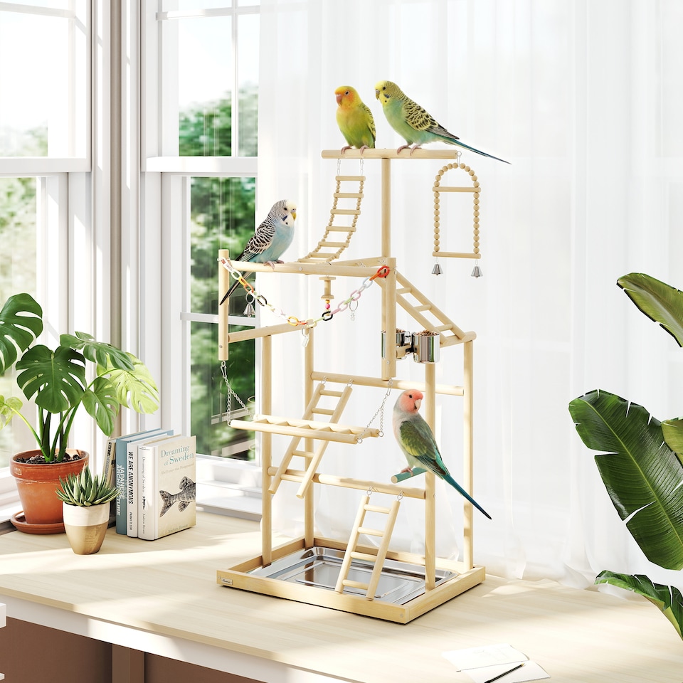 image 1 of PawHut Wooden Bird Playground with Ladders, Chain Toy, Steel Cups and Tray