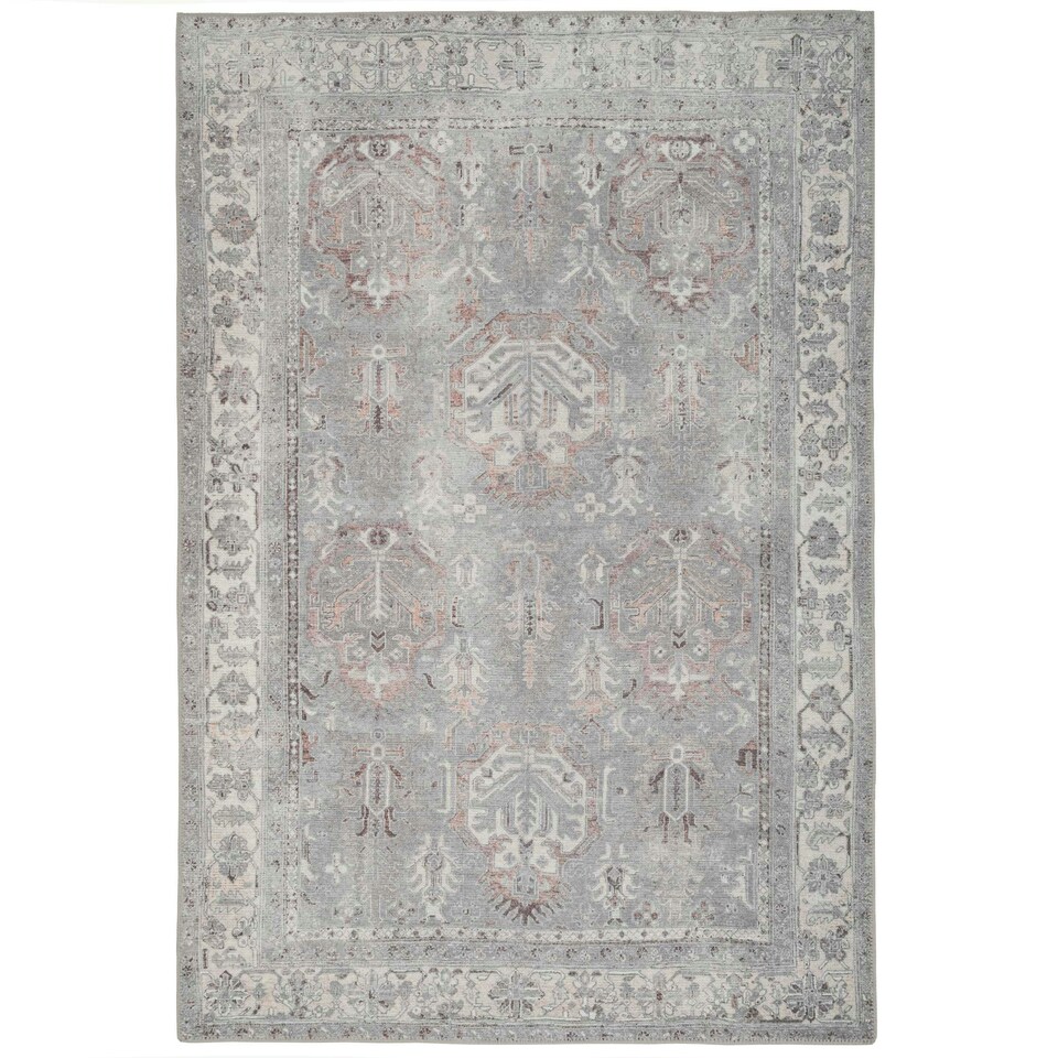 image 1 of KUKOON Greige Distressed Floral Medallion Non Slip Washable Low Pile Rug 80cm x 150cm