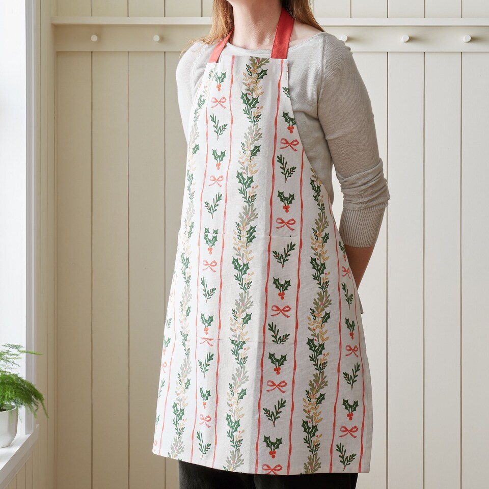 image 1 of Catherine Lansfield Christmas Holly Stripe Cotton Kitchen Adult Apron