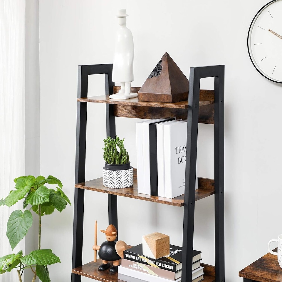 image 1 of 4-Tier Slim Ladder Shelf Vertical Bookcase Storage Unit for Home Office, Rustic Brown and Ink Black
