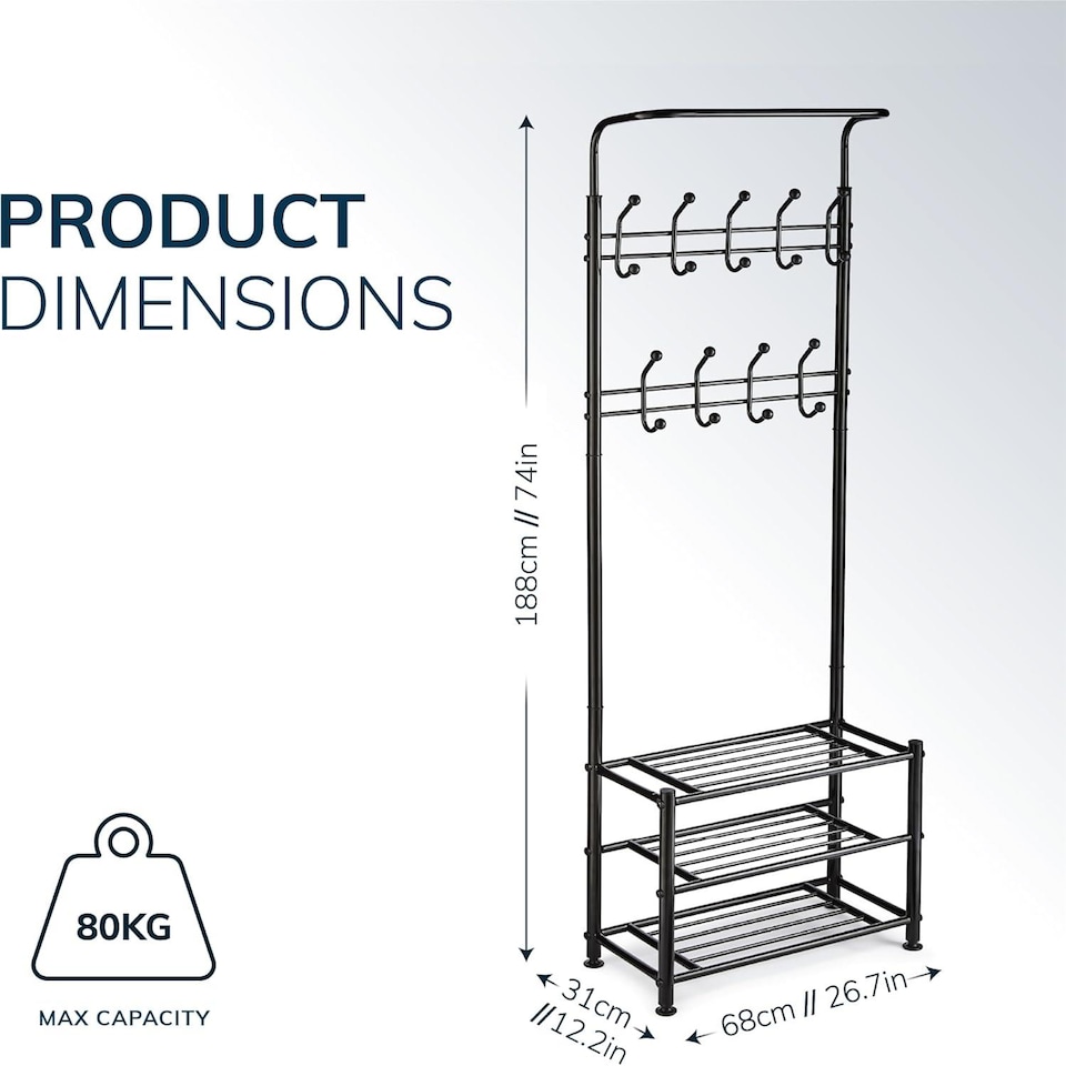 image 1 of House of Home Metal Hat Coat Stand Clothes Plus Shoes Rack Umbrella Steel Stand Hanger Hooks Black | Black