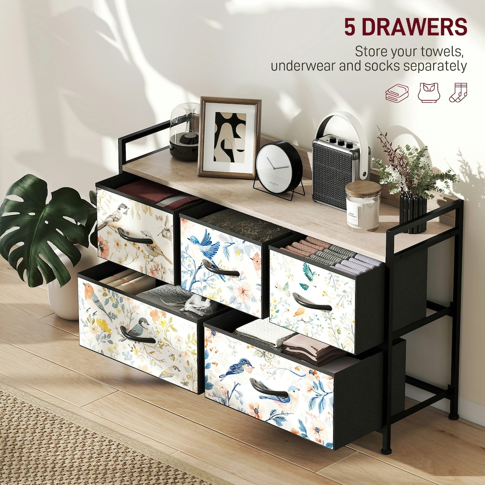 image 1 of HOMCOM 5-Drawer Chest of Drawers, Fabric Dresser, White | White | Black, Floral Pattern | One Size | 1