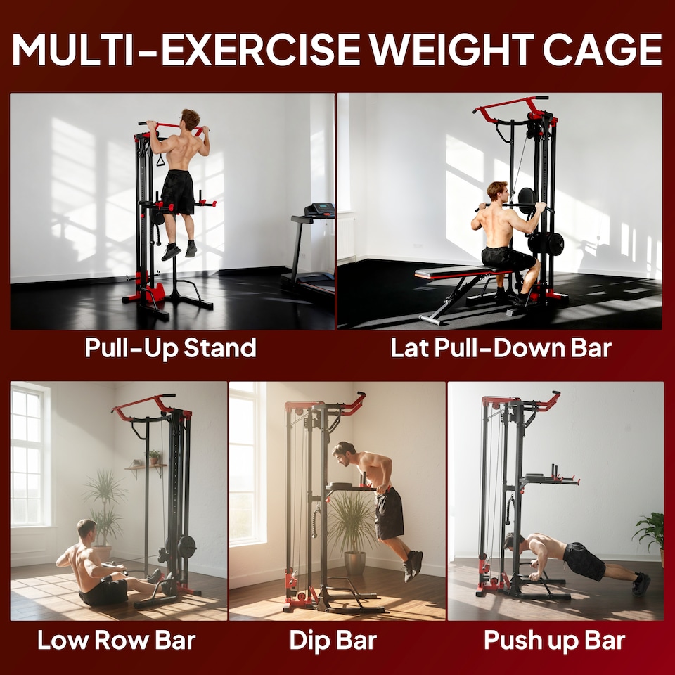 image 1 of SPORTNOW Power Tower with Lat Pull Down Machine, Pull Up Bar, Dip Station | Black | Black and Red | 100W x 110D x 225H cm