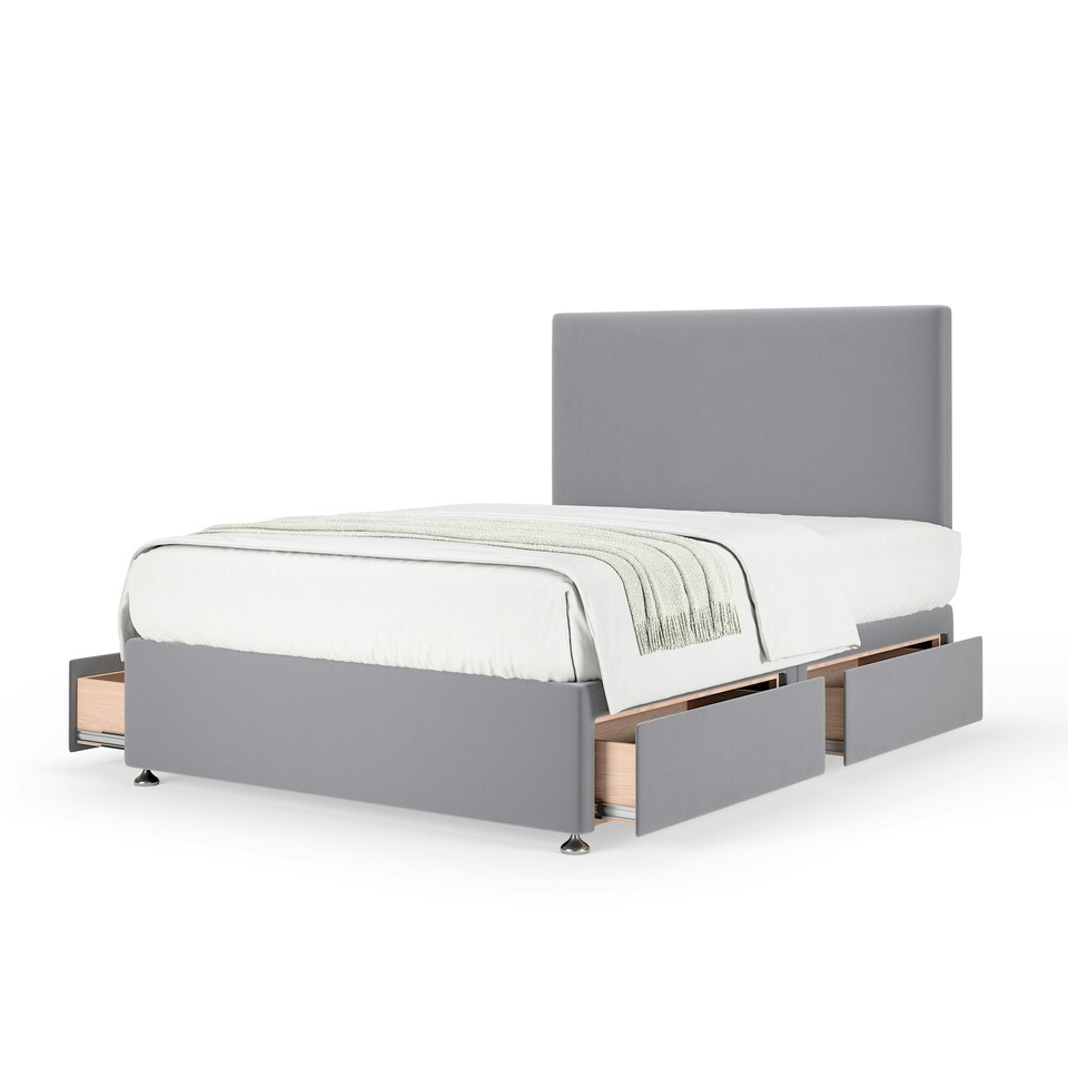image 1 of Signature Platinum 2000 Pocket Sprung Silver Plush Velvet 4 Drawer Divan Set And Valencia Headboard Small Double