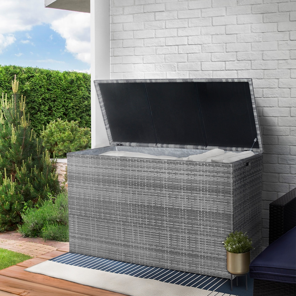 image 1 of Teamson Home Outdoor Garden Storage Box X-Large 700L Grey Wicker Rattan