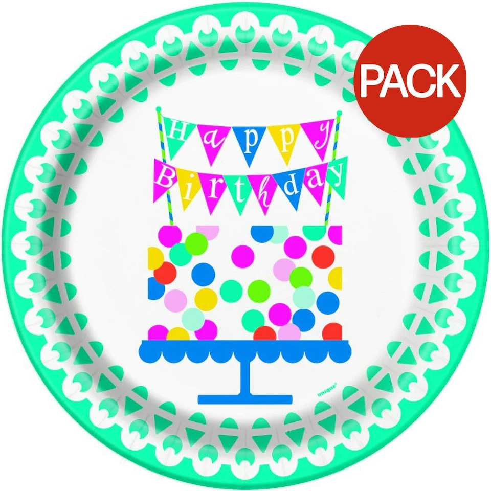 Unique Party Cake Birthday Party Plates (Pack of 8) - Multicoloured - One Size