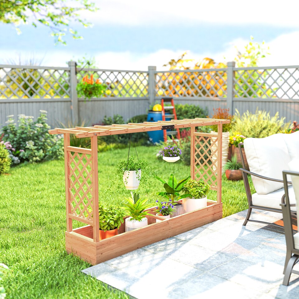image 1 of Outsunny Raised Bed for Garden with Trellis, 200 x 44 x 113.5 cm, Natural | Brown