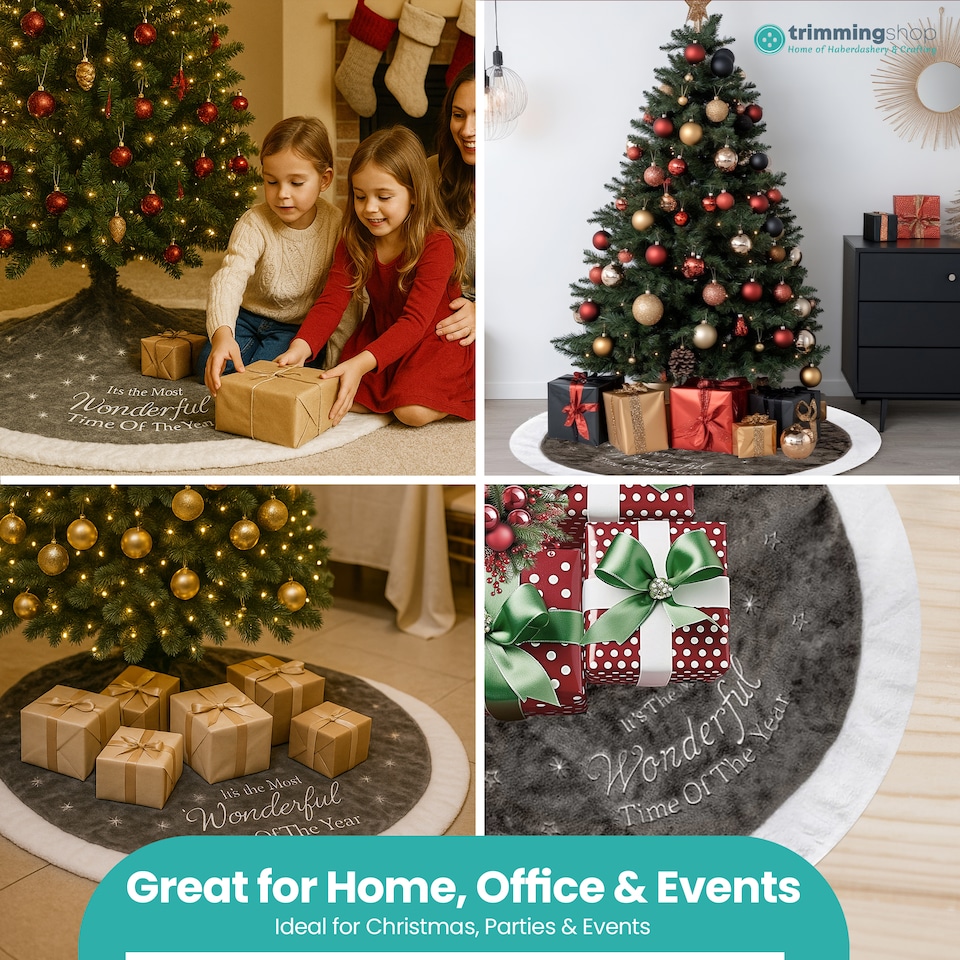 image 1 of 100cm Grey & White Velvet Christmas Tree Skirt, Xmas Tree Floor Mat Cover