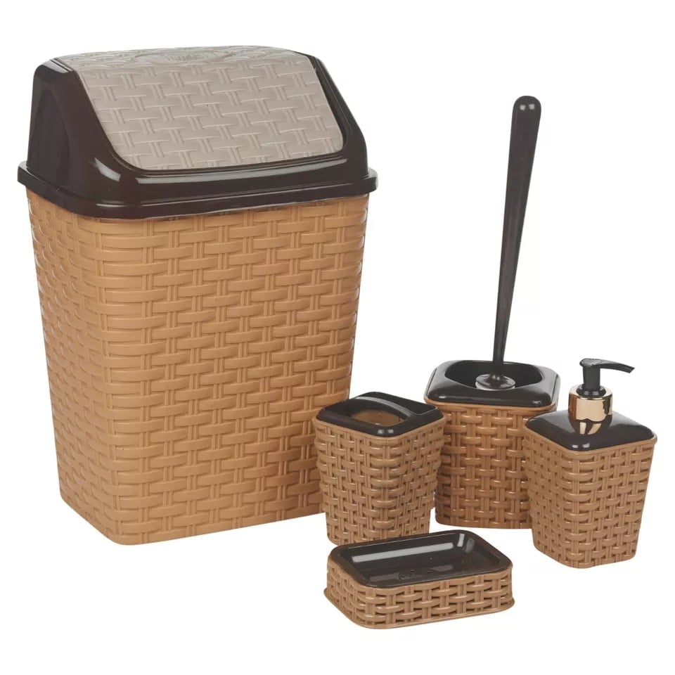 image 1 of 5-Pcs Violet Plastic Rattan Bathroom Set | Brown | 1