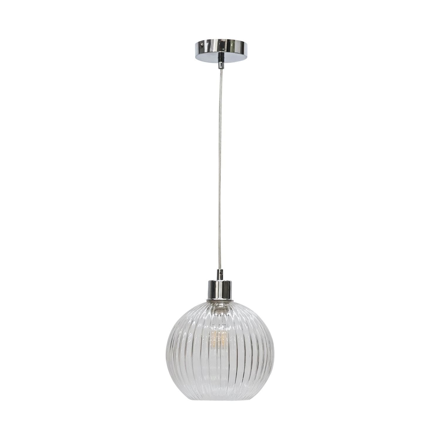 First Choice Lighting Betchley - Clear Ribbed Glass Globe with Chrome Pendant Fitting