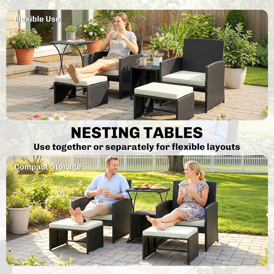 image 1 of Outsunny 6 Piece Rattan Garden Furniture Set with Nesting Tables, Black | Black | Black with cream white cushions | Not provided