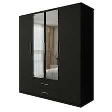 Modern Space-Saving 4-Door Hinged Wardrobe with Central Mirrored Doors - 8 Shelves & 2 Drawers, 171cm Wide