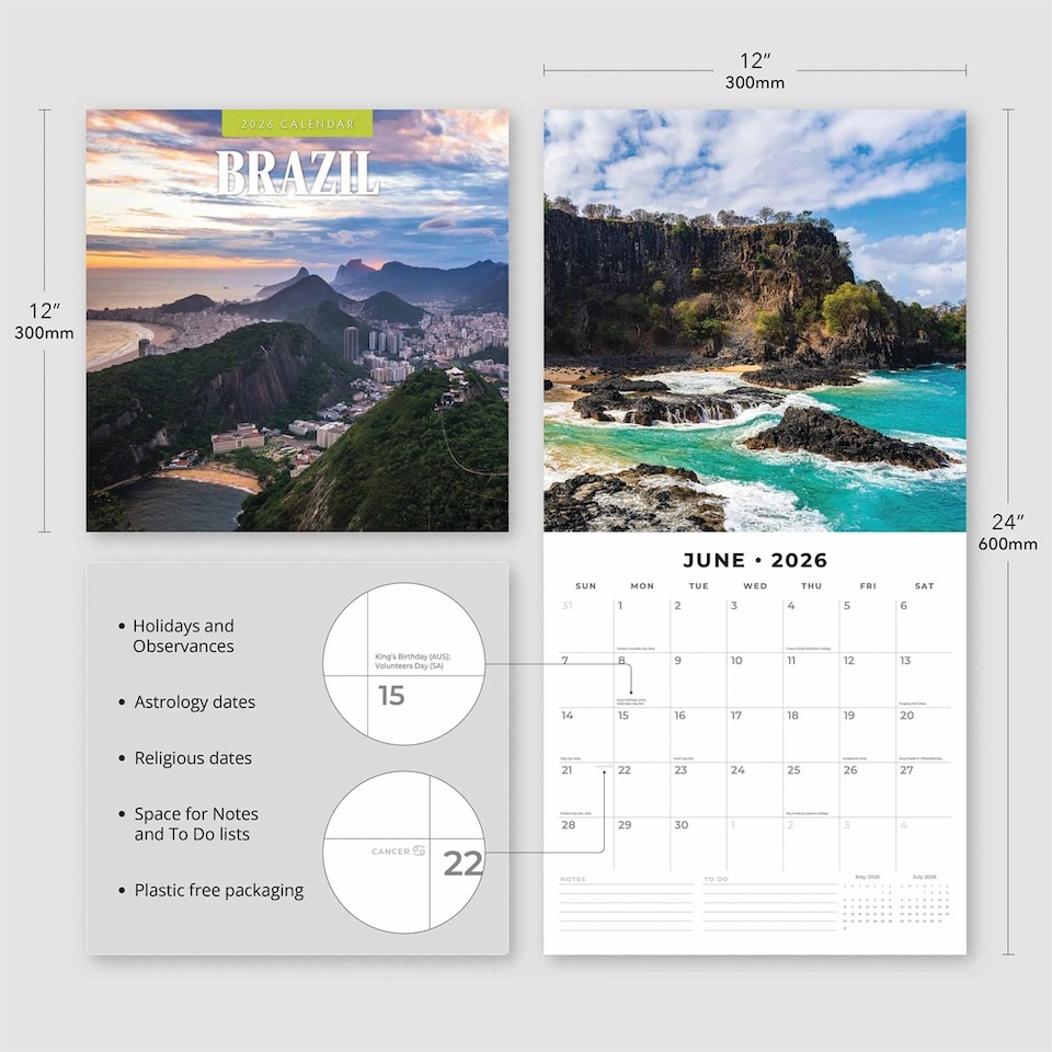 image 1 of Brazil Calendar 2026, Wall Calendars, Month To View, Travel, Gift