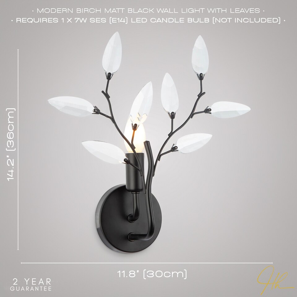 image 1 of Modern Birch Matte Black Wall Lighting Fixture with Transparent Acrylic Leaves | Black