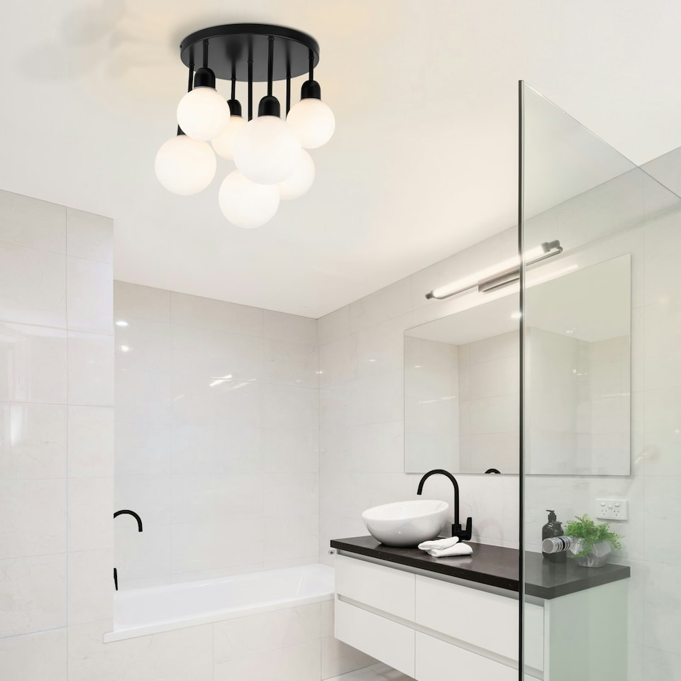 image 1 of COSYLYTE Broome Bathroom 7 Light Modern Opal Glass Ceiling Light - Matt Black Black