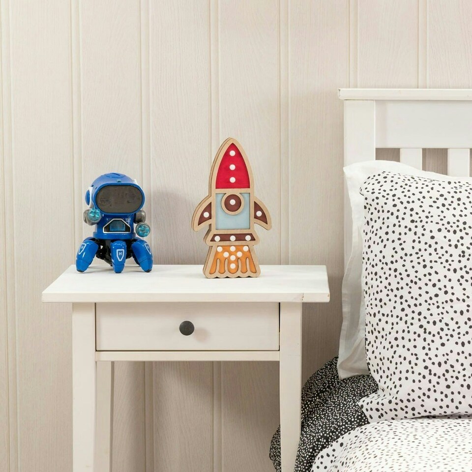 image 1 of ValueLights Kids Battery Powered Wooden Rocket Wall or Table Lamp