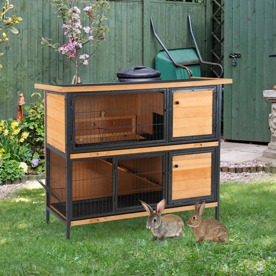 image 1 of PawHut Rabbit Hutch, Guinea Pig Hutch Outdoor Cage w/ Tray & Roof, Yellow