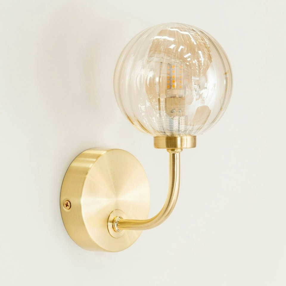 image 1 of ValueLights Chessy Ribbed Glass Globe Shade Gold Stem Wall Light