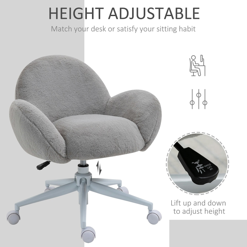 image 1 of HOMCOM Fluffy Leisure Chair Office Chair with Backrest Armrest Wheels Grey