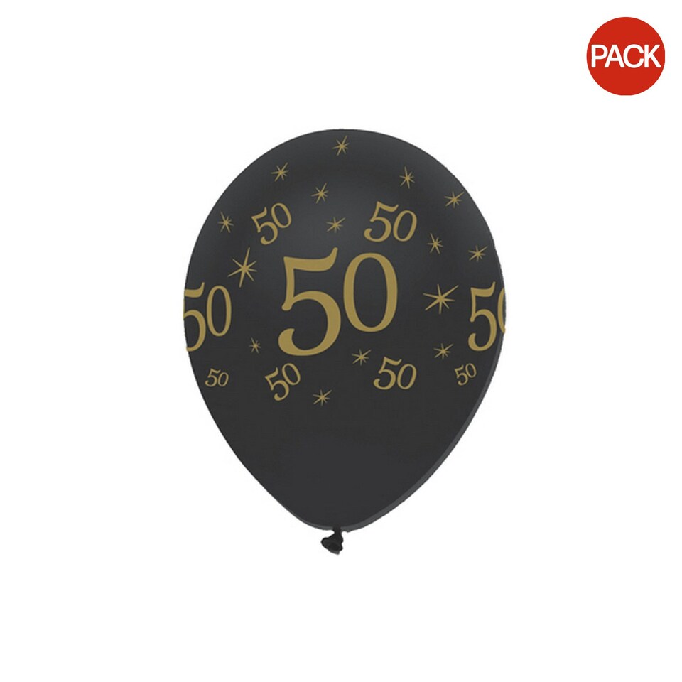 image 1 of Creative Party Black All Round Print Latex Balloons (Pack of 6) - Black/Gold - 18 Years