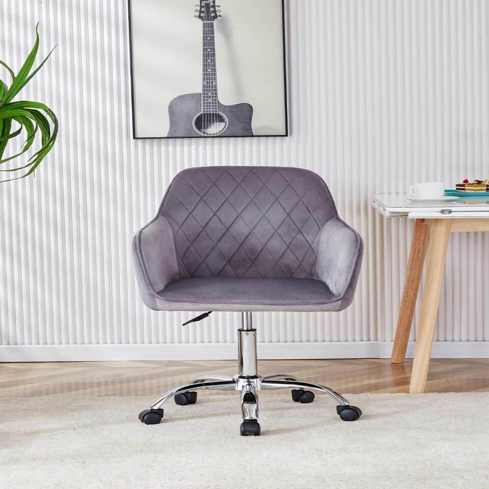 image 1 of Office Chair grey velvet swivel with arms and wheels leisure home desk computer Grey
