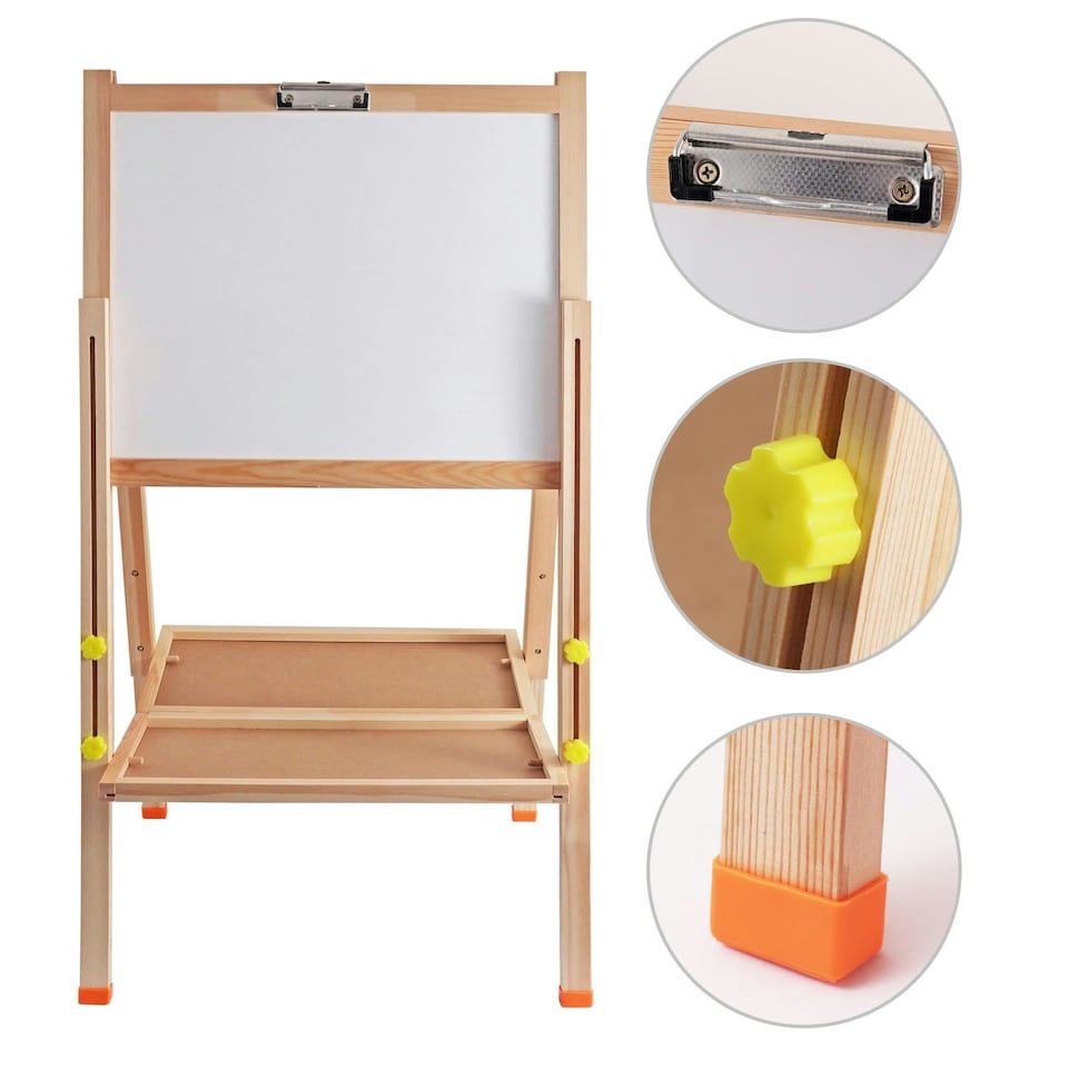 image 1 of Height Adjustable and Foldable Wood Whiteboard Black Board Easel 57 x 80cm