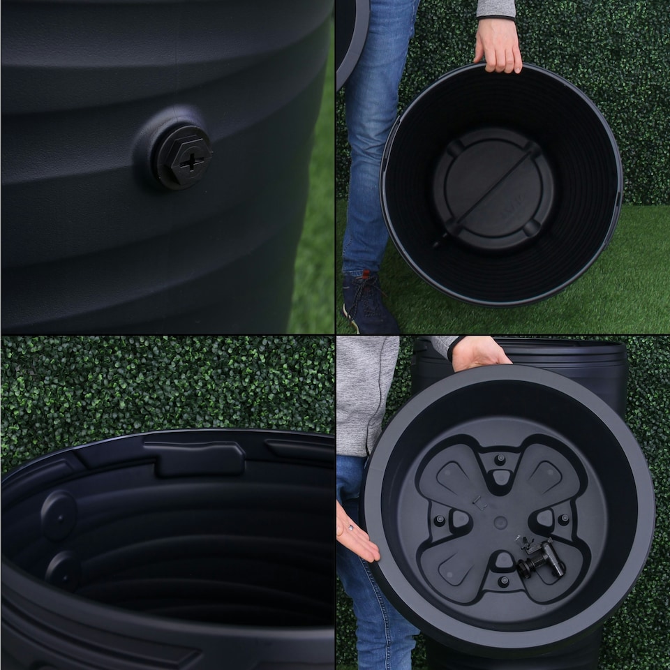 image 1 of Water Butt Kit with Tap, Diverter & Bio Cleaner –  Rainwater Collector for Garden, Balcony & Terrace – Durable Plastic Water Storage Tank Black | 240L